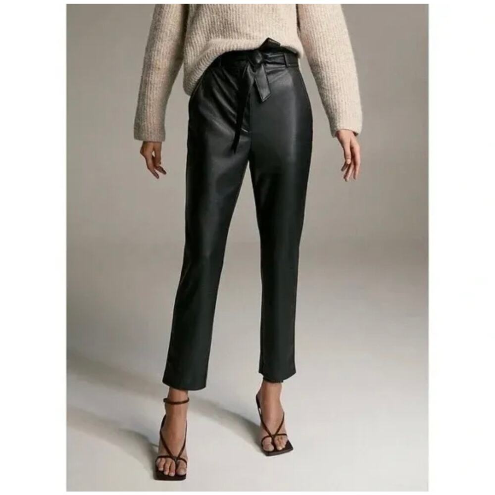Babaton Aritzia Vegan Faux Leather Belted Pants Tie Front High Rise Black